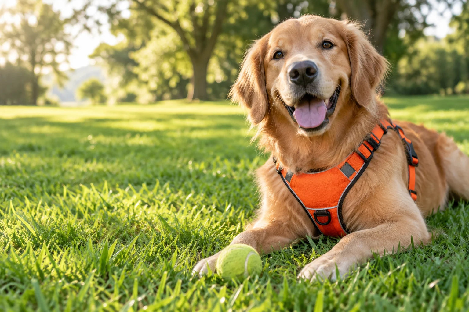 Golden retriever in an orange harness enjoying the outdoors