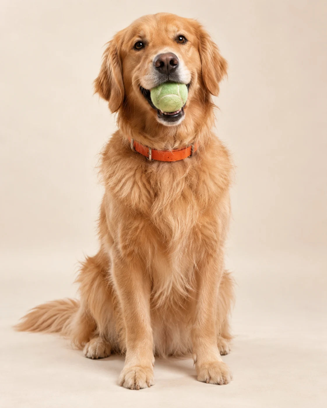 A happy golden retriever holding a green ball